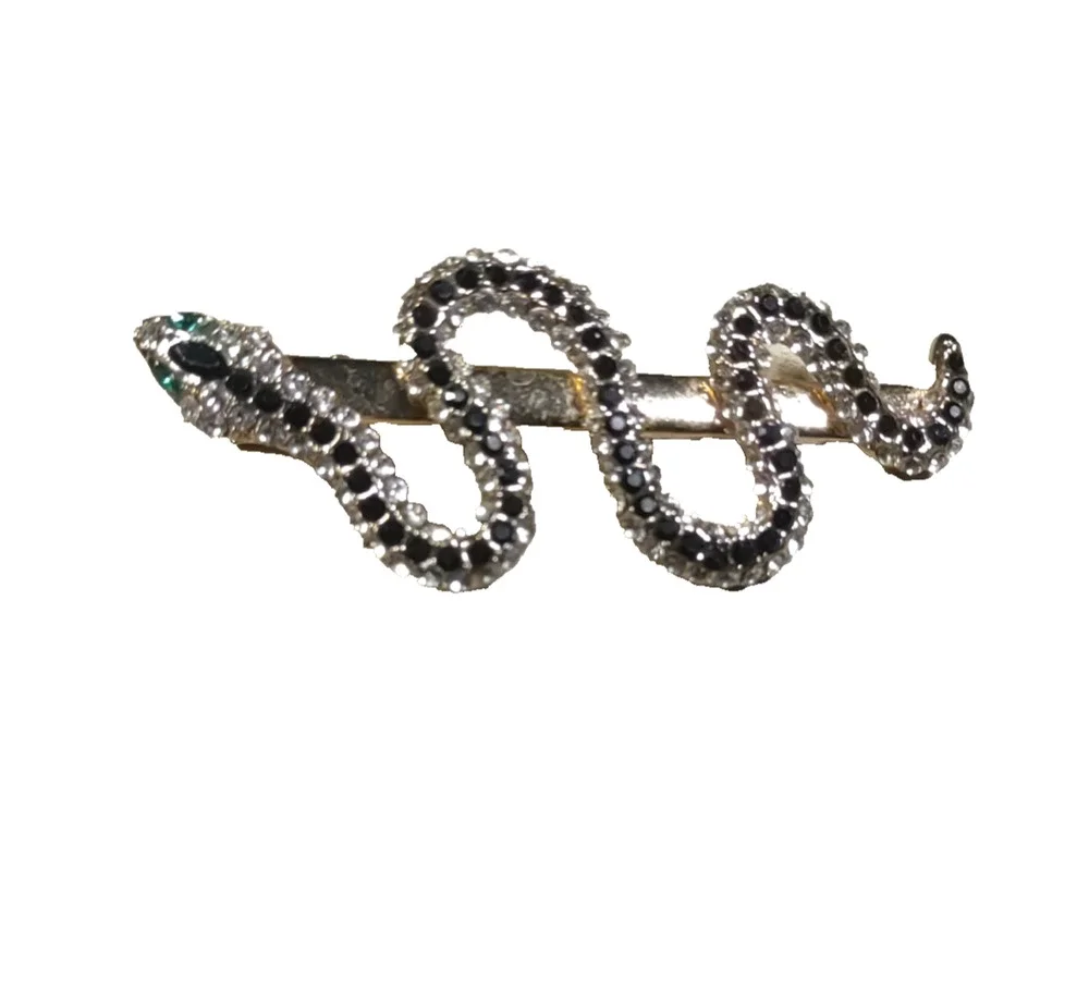 Snake Rhinestone Hair Clip Barrette Black Clear Blue Eyes Gold Tone Goth...
